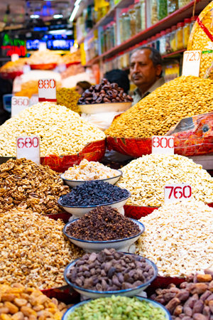 New Delhi, India, Mar 30 2019 - Colorful spices powders and herbs in traditional street market