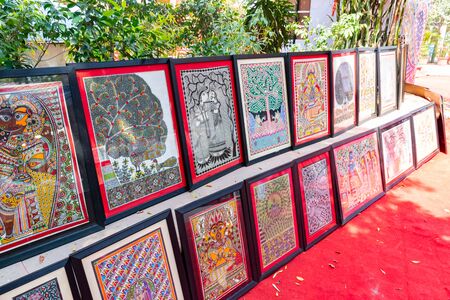 India, New Delhi, 30 Mar 2019 - Market with Madhubani Paintings for sellingのeditorial素材