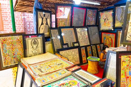 India, New Delhi, 30 Mar 2019 - Market with Madhubani Paintings for sellingのeditorial素材