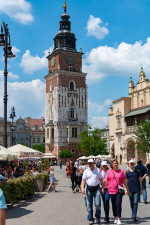 Krakow, Poland, 10 May 2019 - Tourists on main Square Old Town Square of Krakow, Polandのeditorial素材