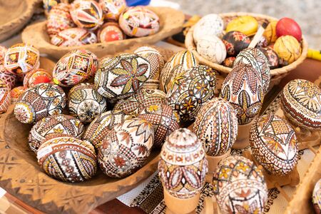 Bucovina, Romania, 15 September 2019 - Romanian souvenirs. Traditional clothing and accessories inside Romanian showroom souvenir shop in Bucovina regionのeditorial素材