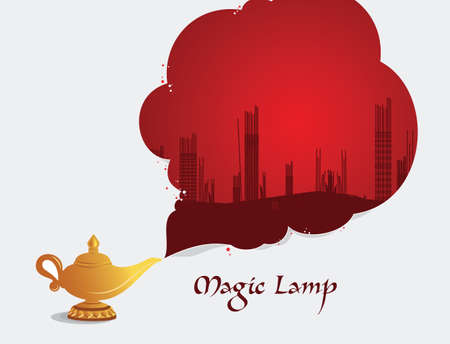 Aladdin Magic lamp cloud conceptual Construction skyline composition of realistic golden vessel and magic particulate materials with editable text vector illustrationのイラスト素材