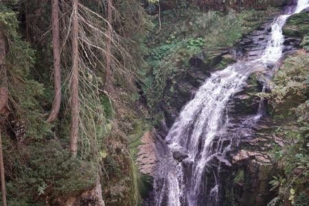 September in Giant Mountains, waterfall on mountain stream, water and rock wall, autumn landscape in coniferous forestの写真素材