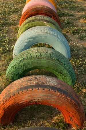 Children's toys made from old car tires in Thailandの写真素材