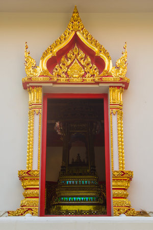 Architectural Detail : Thai Church door with Thai Painting Style at Ratchaburana Temple, Phitsanulok, Thailand.の写真素材