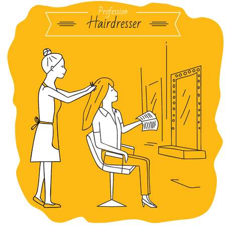 Profession hairdresser. Woman doing haircut. Job. Beauty saloon.のイラスト素材