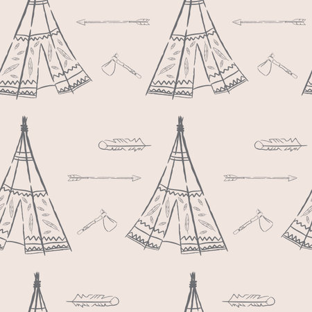 Hand drawn illustrations wigwam with decorative elements and a set of arrows, feather and tomahawk....