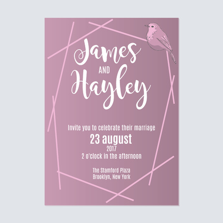 Lilac with stripes and a bird floral wedding invitation card template vectorのイラスト素材