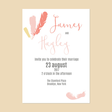 Wedding invitation card template with delicate pink feathersのイラスト素材