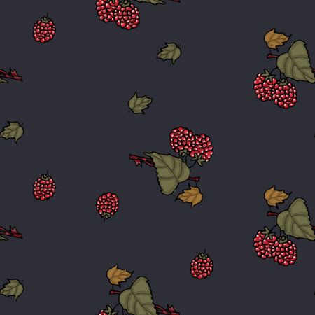 Raspberries wallpaper seamless pattern on a black background