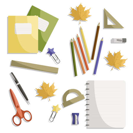 Stationery for pupil, schoolboy, student, notebook on the table, exercise books, back to school, colored pencils, paper scissors, ruler, square, protractor for mathematics, school, ballpoint penのイラスト素材