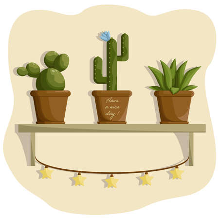 flowerpots on the shelf in the room, wall decor, cactus in pots, cozy room with sunlight, green plants in the houseのイラスト素材