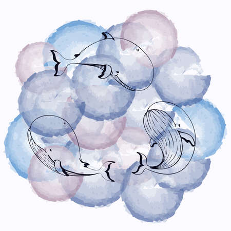 illustration with vector whale in watercolor style, marine mammals animals vector, blue whale, underwater whales, sea animals, dolphins, killer whaleのイラスト素材