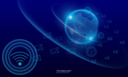 Wireless network communication, internet connection. Futuristic city scape in blue tone with electronics devices, multimedia, technology icons and network connection.のイラスト素材