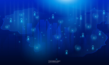 Wireless network communication, internet connection. Futuristic city scape in blue tone with electronics devices, multimedia, technology icons and network connection.のイラスト素材