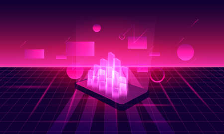 Abstract holography with data and graph on Smartphone of Retro Sci-Fi Background Futuristic Grid landscape , 90's . Horizontal matrix grid in space with stars in the background.のイラスト素材