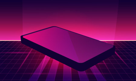 Telephone of  Retro Sci-Fi Background Futuristic Grid landscape , 90's . Horizontal matrix grid in...