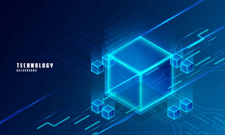 Digital background. Vector realistic 3d cubes with blue glowing on dark blue background. futuristic vector illustration . Block chain of abstract background . Big Data Processing.のイラスト素材