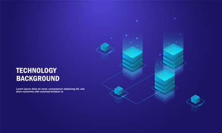 Digital background. Vector realistic 3d cubes with blue glowing on dark blue background. futuristic vector illustration . Block chain of abstract background . Big Data Processing.のイラスト素材