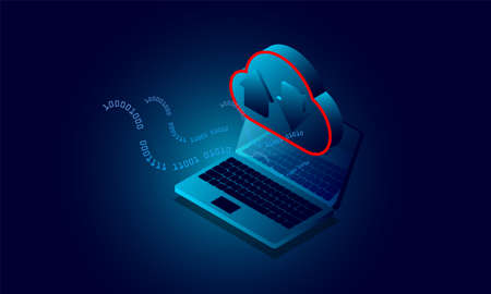 Laptop analysis processing. cloud services concept, file backup and saving, copy of file structure isometric vector , Database.technology background , software development and programming. Computer data visualization.のイラスト素材