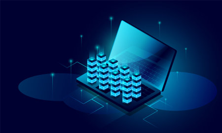 Laptop analysis processing. cloud services concept, file backup and saving, copy of file structure...