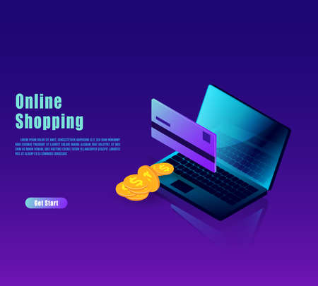 Landing page template of Online Shopping. Modern flat design concept of web page design for website and mobile website. Isometric shopping online and payment online concepts. Internet payments, protection money transfer, online bank vector illustrationのイラスト素材