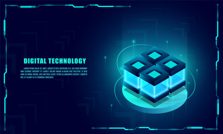 Vector realistic 3d cubes with blue glowing on dark blue background. Technology background. Cyberspace concept . Hi tech , futuristic vector illustration .のイラスト素材