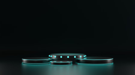 3D render of Cylinder podium with blue neon lights on dark background. podium for technology...