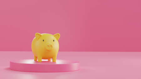 Yellow Piggy Bank on Pink podium on Pink background. 3D rendering. savings money concept. Yellow Piggy Bank and saving idea. Pink background. Pink Podium. Minimal Pastel.の写真素材