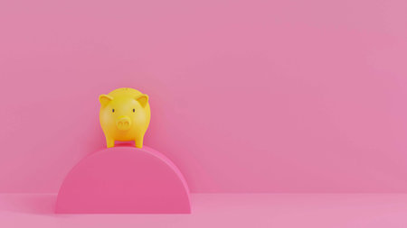 Yellow Piggy Bank on a podium with pink background. 3D rendering. savings money concept. Yellow...