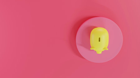 Yellow Piggy Bank on a podium with pink background. 3D rendering. savings money concept. Yellow Piggy Bank and saving idea. Pink background.の写真素材
