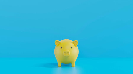 Yellow Piggy Bank with blue background. 3D rendering. savings money concept. Yellow Piggy Bank and saving idea. Blue background.の写真素材