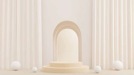 3D rendering Product display podium stand with curtain on Brown background. Mock up for the presentation. cylinder.の写真素材