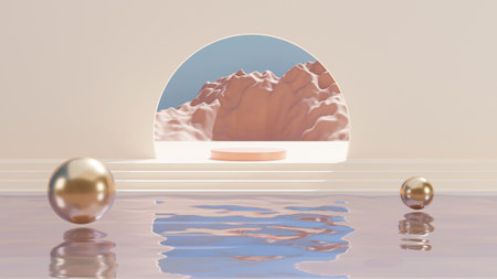 3D rendering Product display podium with water reflection and geometrical forms background. minimal 3d landscape. Cosmetic for Beauty product.の写真素材