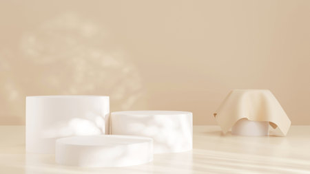 Product display podium with shadow nature leaves on Brown background. 3D rendering. Mockup for the presentation. Cosmetic for Beauty product.の写真素材