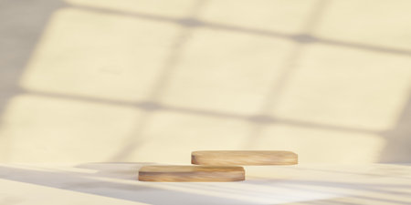 3D rendering, Brown wood podium, Cosmetic display stand on brown background. Abstract stone platform podium product presentation backdrop.の写真素材