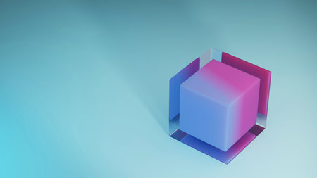 3d render . blue and pink rubber podium with transparent glass cylinder in geometric podium on blue background.  Minimal style for branding and packaging presentation.の写真素材