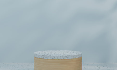 3D rendering, Brown wood podium, Cosmetic display stand on blue background. Abstract stone platform podium product presentation backdrop.の写真素材