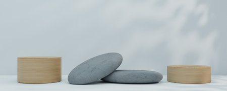 3D rendering, Brown stone podium, Cosmetic display stand on blue background. Abstract stone platform podium product presentation backdrop.の写真素材