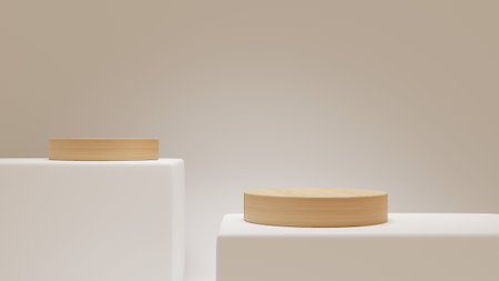 3D rendering, Brown wood podium, Cosmetic display stand on brown background. Abstract stone platform podium product presentation backdrop.の写真素材