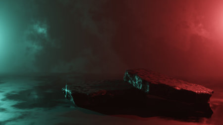 3d render. abstract background with colorful neon light and stone ruins, showcase for product presentation.の写真素材