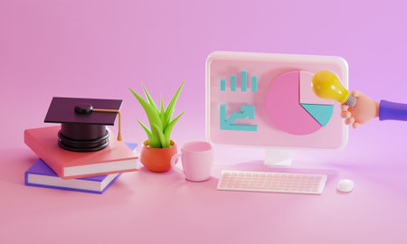 3d rendering of minimal computer on display for mockup and Plant on Purple pastel background. Graduation hat near computer Pc. Pink and Purple colour. 3D isolated online education learning.の写真素材