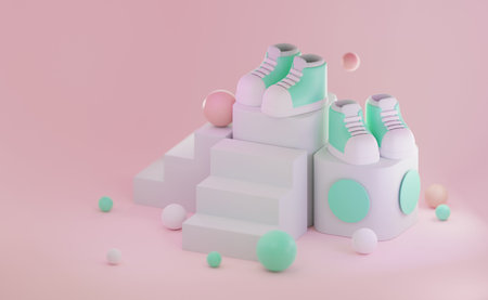 3d rendering of minimal Shoes or Sneakers on display for mockup on Pink pastel background. 3D...