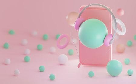 3D Rendering headphones isolated with display for mockup on pink background . 3D headphones stereoの写真素材