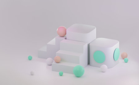 3d rendering of geometric shapes in pastel colors on white background. minimal display for mockup present.の写真素材