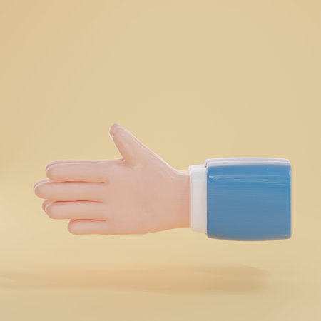 3d render of hand with gesture icons isolated on yellow background. 3d render of plasticine hand isolated on beige background.の写真素材