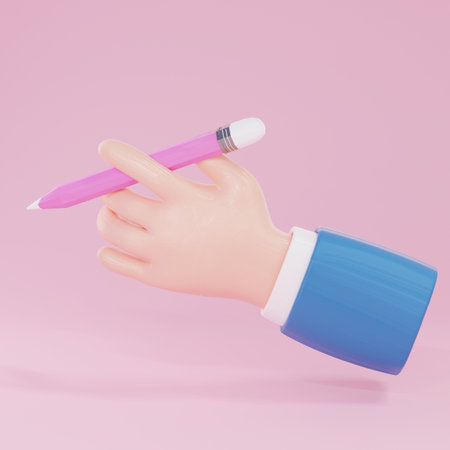 Hand with pen on pink background, 3d render. Business concept.Hand with eraser isolatedの写真素材