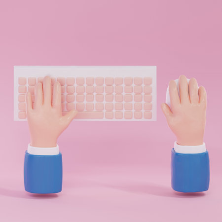 Hand with computer keyboard and mouse on pink background. 3D Rendering,Hand  , keyboard isolate. 3D illustration. Working concept.の写真素材