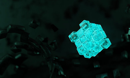 3d render cubes with blue glowing on dark background. Technology background. Cyberspace concept . Hi...