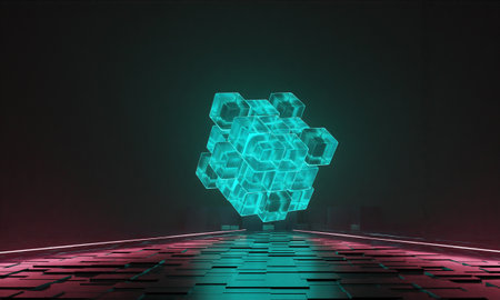3d render cubes with blue glowing on dark background. Technology background. Cyberspace concept . Hi tech , 3D futuristic.の写真素材
